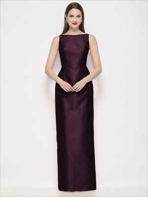 Satin maxi dress with sleeveless bateau neckline, burgundy column silhouette