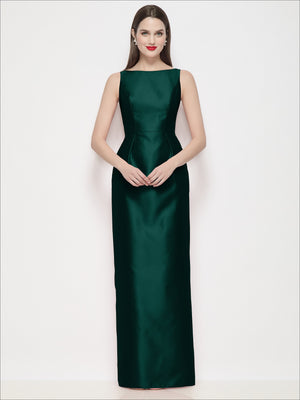 Deep green satin maxi dress with bateau neckline and fitted column skirt