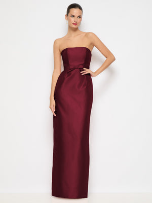 Cabernet strapless satin column maxi dress with bow belt, fitted waist