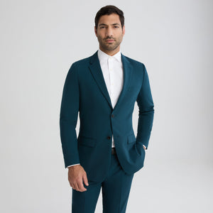 Teal men's single-breasted suit jacket, notched lapels and flap pockets