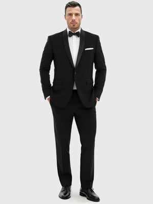 Black slim tuxedo jacket with satin shawl collar and bow tie