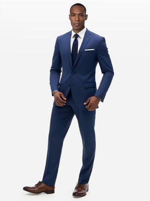 Blue slim suit jacket with notch lapels, two-button front, chest pocket