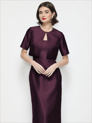 Cabernet satin cropped jacket with jewel neckline and short sleeves