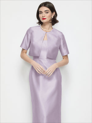 Lilac satin cropped jacket with jewel neckline and short sleeves, front view