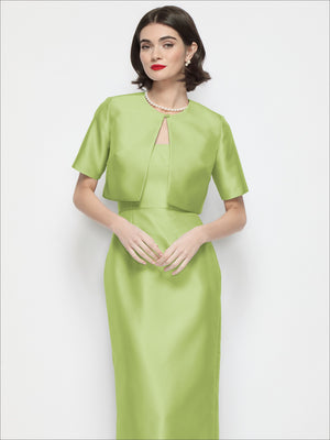 Cropped satin jacket with jewel neckline, short sleeves, front keyhole placket, light green
