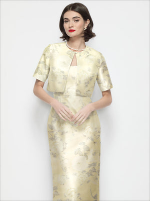 Cottage rose floral satin cropped jacket with jewel neckline and short sleeves