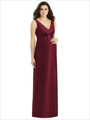 Sleeveless satin twill maternity dress in burgundy, V-neck with ruched waist tie