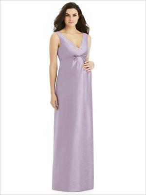 Lilac satin twill maternity dress, sleeveless V-neck with front knot, long column