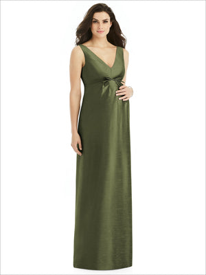 Sleeveless satin twill maternity dress in olive green, V-neck with ruched waist tie