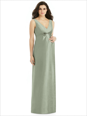 Maternity satin twill dress, sleeveless sage green V-neck with tie at bust