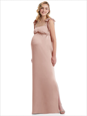 Powder pink maternity maxi dress with tie shoulders and gathered empire waist