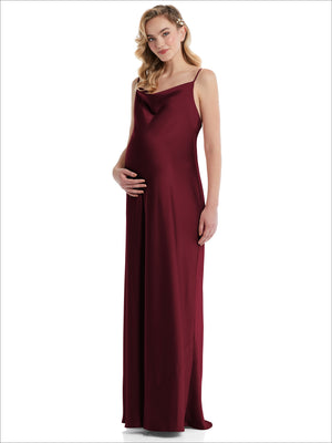 Maternity cowl-neck slip dress with tie shoulder straps, deep maroon, sleeveless maxi length.
