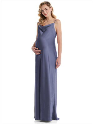 Blue cowl-neck maternity slip dress with thin straps and long, straight skirt