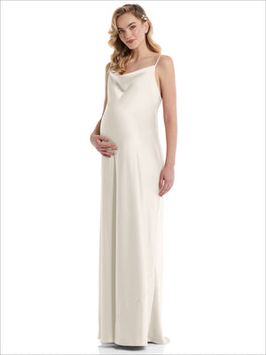 Ivory cowl-neck maternity slip dress with thin tie straps and smooth draped bodice