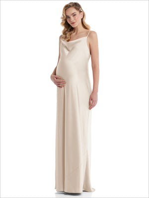 Ivory cowl-neck maternity slip dress with thin tie straps, sleeveless, full-length