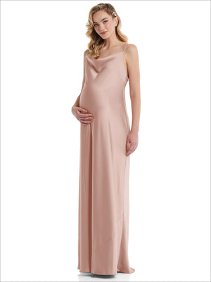 Dusty rose cowl-neck maternity slip dress with thin spaghetti straps and long skirt