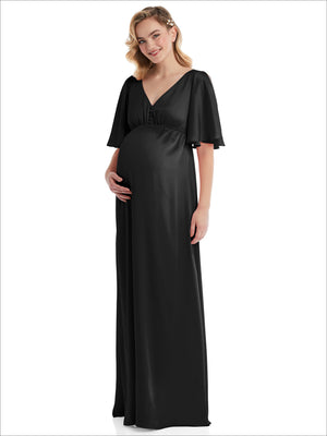 Black maternity maxi dress with V-neck, empire waist, and flutter bell sleeves