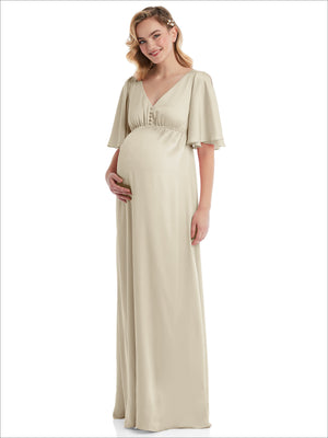 Ivory empire maternity dress with V-neck and flutter bell sleeves, front view