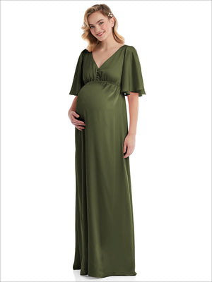 Olive green maternity empire dress with V-neck and flutter bell sleeves, full length.