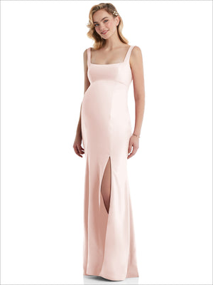 Powder pink square-neck maternity trumpet gown with wide straps and front slit
