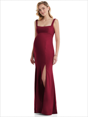 Burgundy maternity gown with wide square neckline, trumpet silhouette, and side slit
