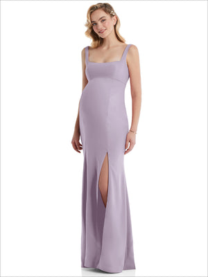Maternity trumpet gown with wide straps and square neckline, lilac with front slit