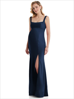 Deep navy maternity trumpet gown with wide straps, square neckline, front slit
