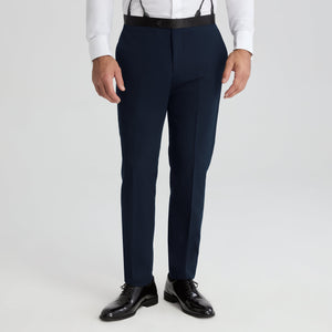 Men's navy tuxedo pants with belt loops, tapered legs, front crease