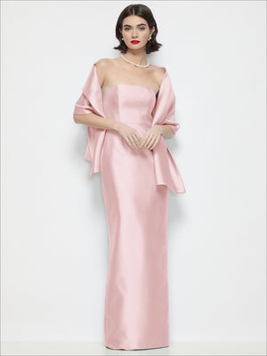 Rose pink satin wrap stole draped across the chest with loose, trailing folds