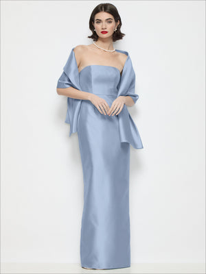 Light blue satin wrap stole with soft drape and side tie tails