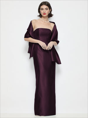Deep plum satin wrap stole, off-shoulder drape with flowing long tie ends