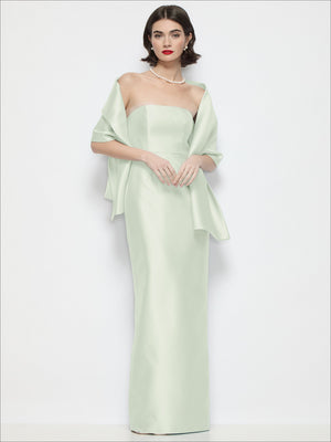 Mint green satin wrap stole with draped, sleeve-like front and tied ends