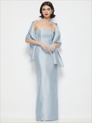 Light blue satin wrap stole draped over the shoulders with flowing edges