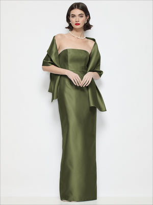 Satin wrap stole, olive green drape with off-shoulder cape-style sleeves