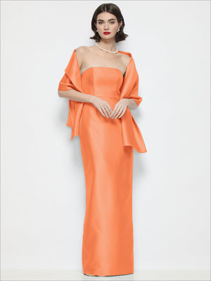 Orange satin wrap stole with off-shoulder drape and long hanging tie ends.