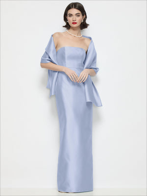 Light blue satin wrap stole with draped front and side ribbon tie ends