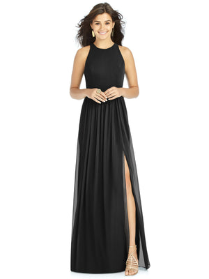 Black halter dress with jewel neck, shirred bodice and front slit skirt