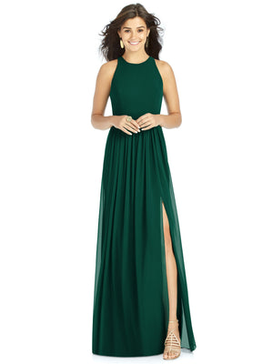 Hunter green halter maxi dress with jewel neck, shirred waist, and front slit