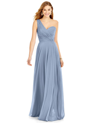 One-shoulder draped chiffon maxi dress in steel blue with gathered bodice