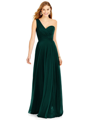 One-shoulder draped chiffon maxi dress in deep green with ruched one-shoulder bodice