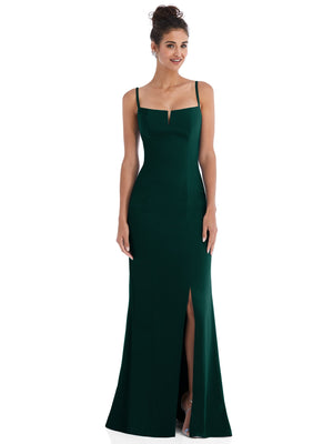 Evergreen crepe trumpet gown with notch neckline, spaghetti straps, and front slit