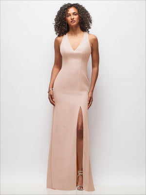 Light pink sleeveless maxi dress with V neckline and front slit.
