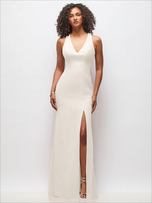 Ivory maxi dress with V-neck, criss-cross cutout back, and front slit