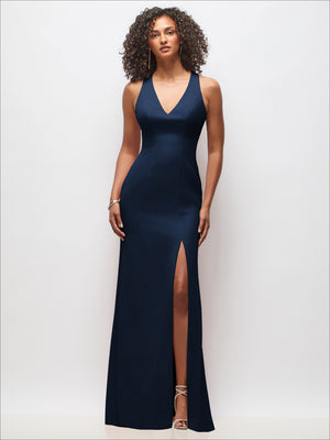 Deep navy maxi dress with criss-cross cutout back and front slit