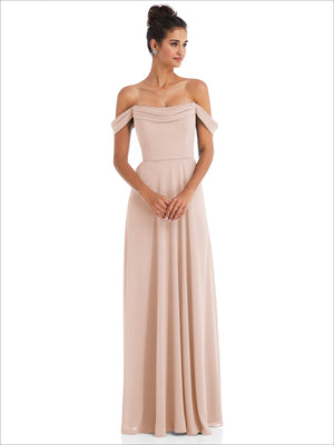 Cameo blush off-shoulder draped neckline maxi dress with soft gathering at bodice