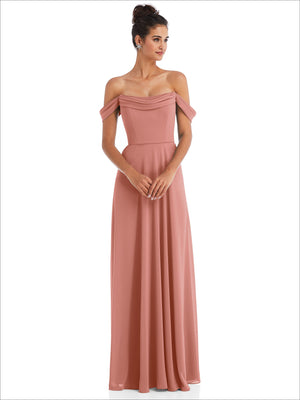 Off-the-shoulder draped maxi dress in dusty rose, front view, draped neckline and sleeves