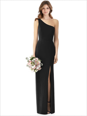 One-shoulder crepe trumpet gown with front slit, black sleeveless evening dress