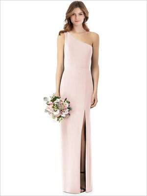 Powder pink one-shoulder crepe trumpet gown with front slit