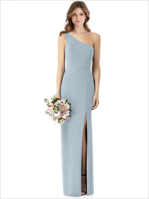 Light blue one-shoulder crepe trumpet gown with front slit