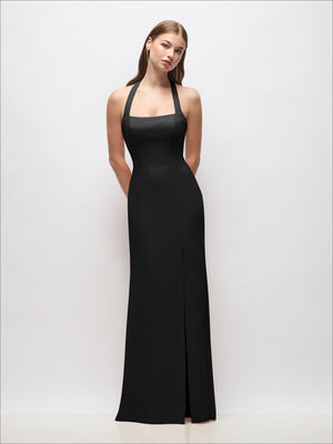 Black halter trumpet gown with tie straps and open back, side slit